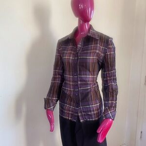 Puli Women's Plaid Button-Down Shirt - Purple, Brown with Pink